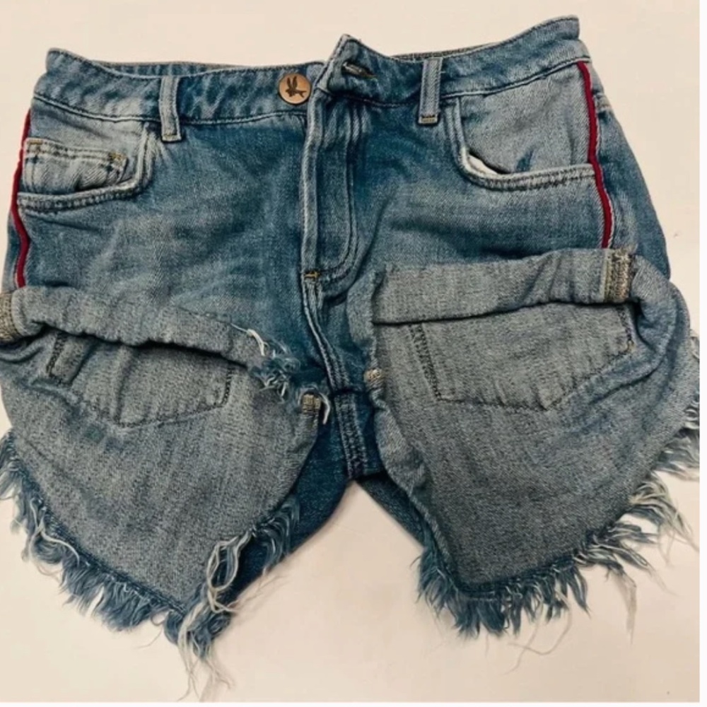 One Teaspoon Cotto Button Distress Shorts Blue Sz 10 Waist 30" Frayed Red Piping